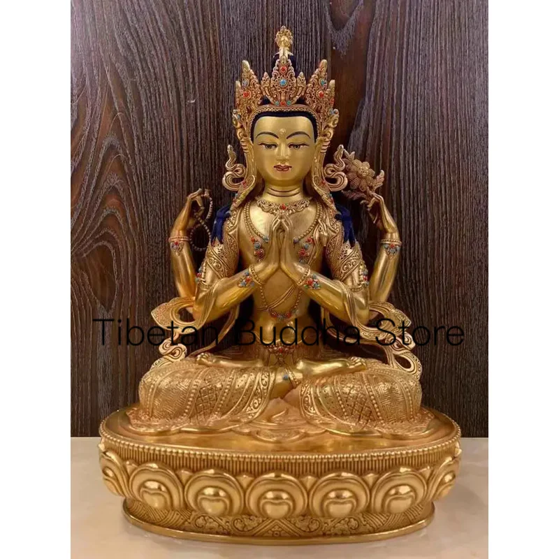 32cm Tibetan style exquisite pure copper gilded four arm Guanyin Buddha ornament