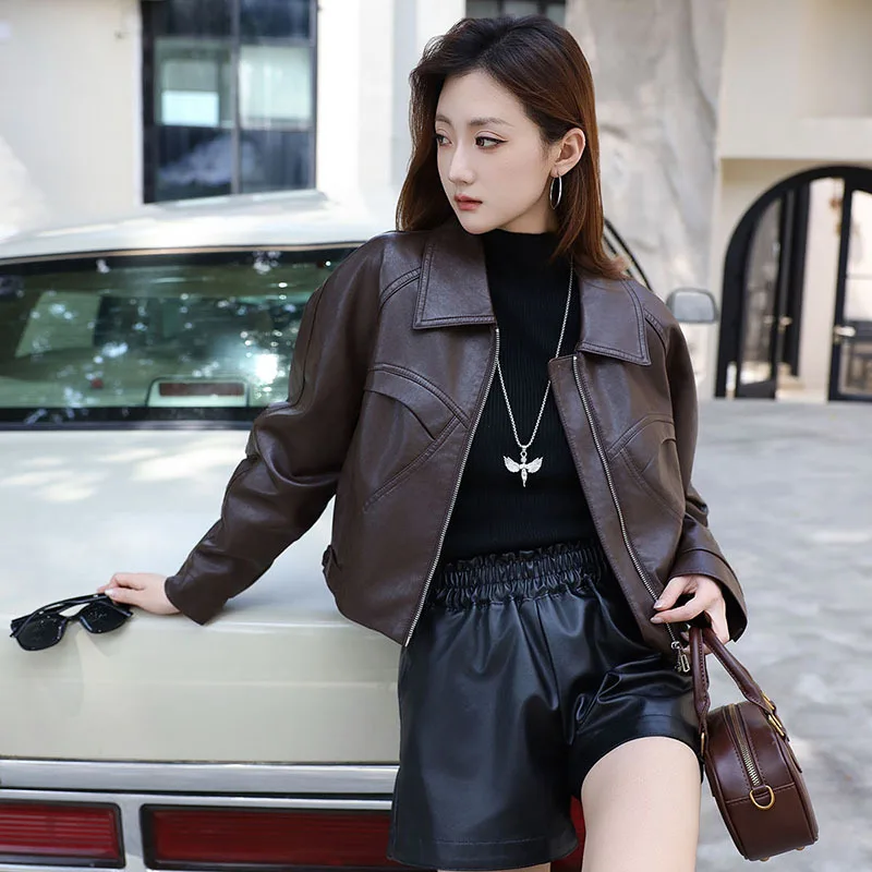 Autumn new retro short leather jacket women's Korean version slim fit plaid lapel washed PU motorcycle leather jacket