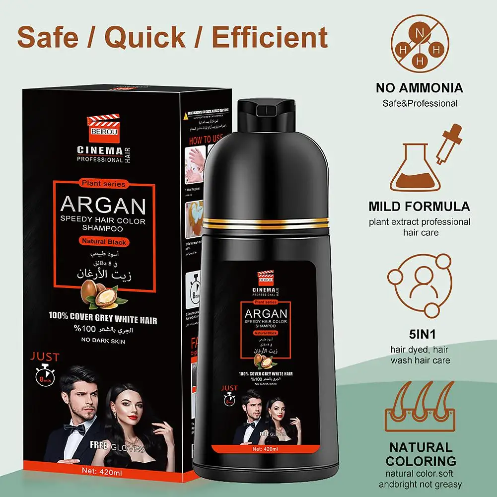 420ml 3-in-1 Hair Dye Shampoo Rapid Cleansing Moisturizing Smoothing Black Color Gray Hair Coverage Nourishing
