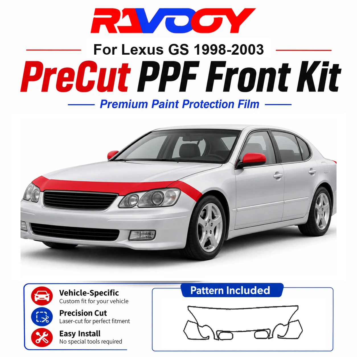

8.5mil TPU Precut PPF Kit For Lexus GS 1998-2003 - Hood, Partial Fenders & Full Mirror Set - Self-Healing Gloss Clear Bra Film
