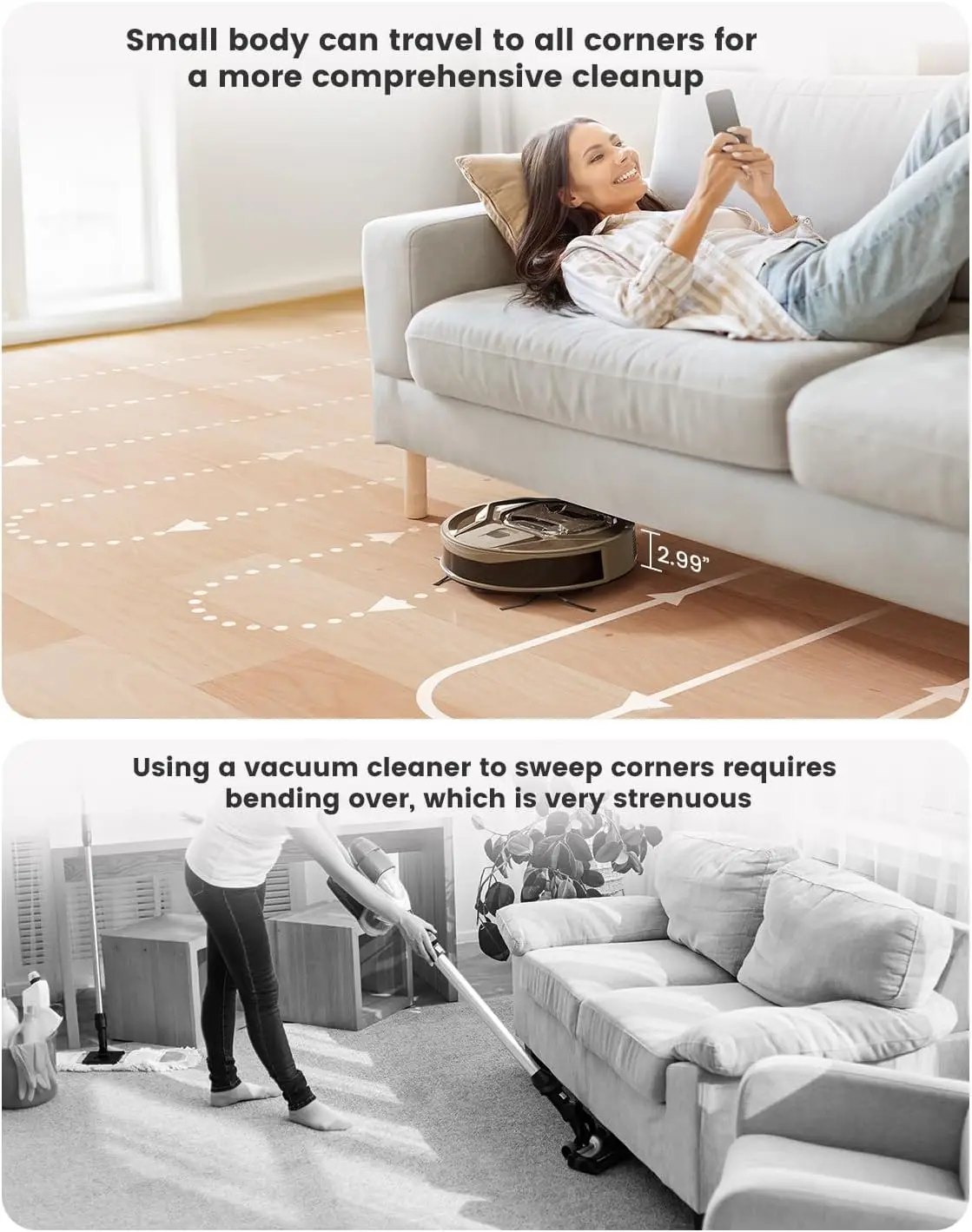 كشف السجاد، شفط 8000 باسكال، ضوضاء منخفضة، سلة مهملات مرئية 800 مل، وقت تشغيل 360 دقيقة، شحن ذاتي، مثالي للأرضيات الصلبة