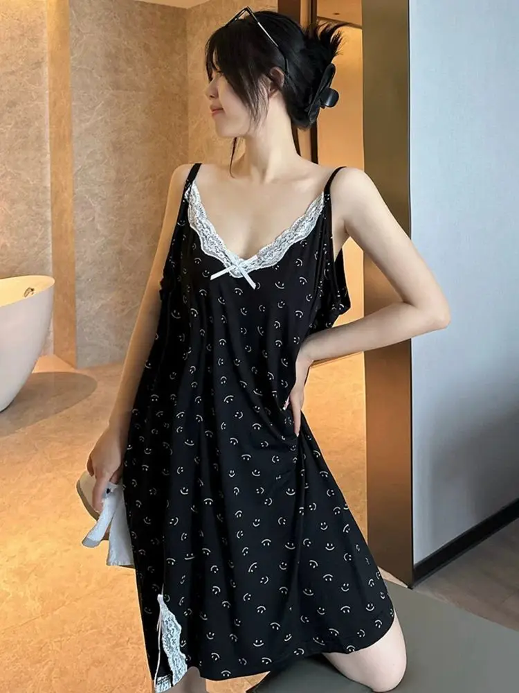 

Korean Smile Lace V-neck plus Size 136kg Sleep Dress Summer Pure Desire Sexy Slimming Home Clothes Strap Nightgown