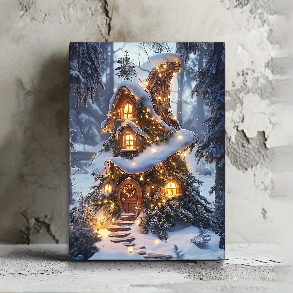 

Snowy Treehouse Landscape Canvas Mural Wooden Frame for Home and Office Decor - Charming Winter Cabin Scene Home Decoration