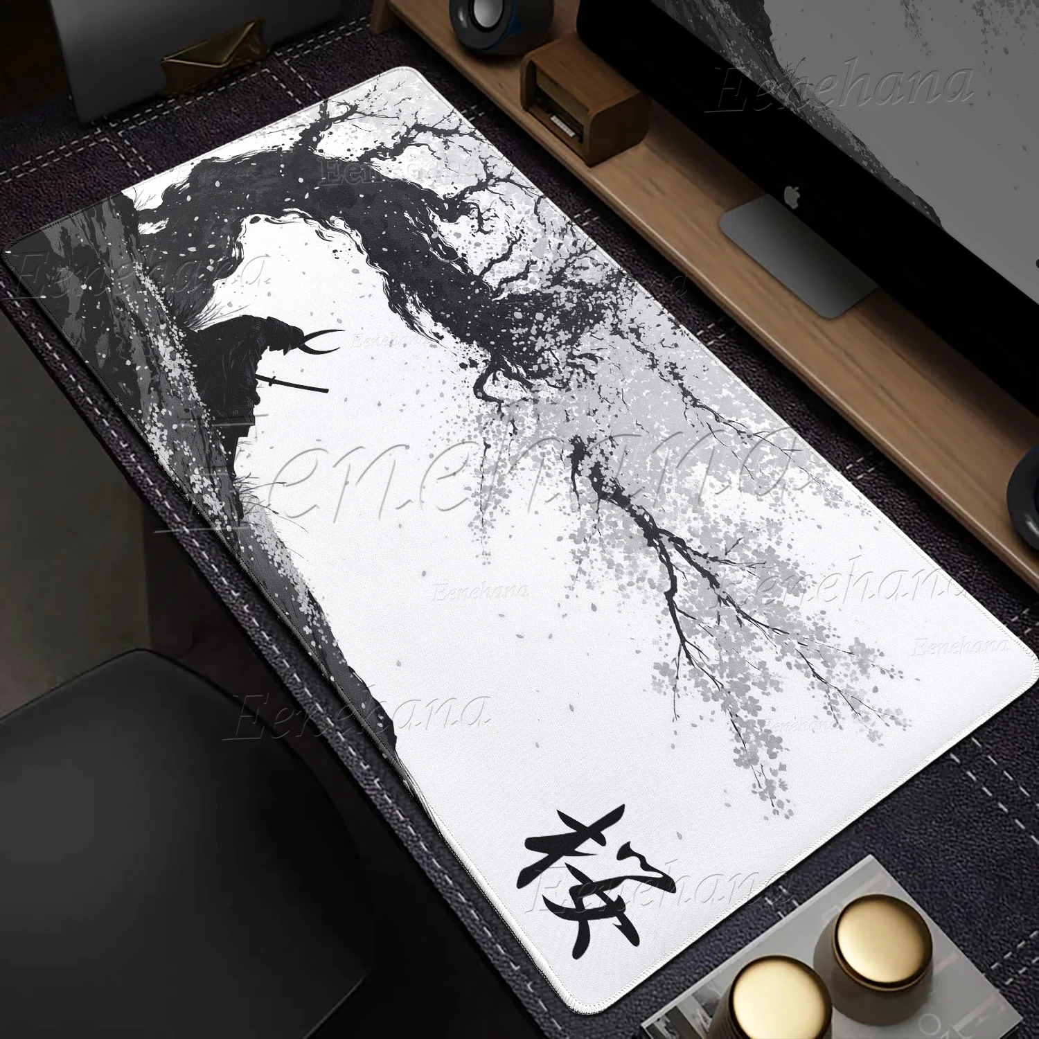 Sakura Samurai Black Mouse Pad Ink Painting Art Table Mat Gamer Gaming Laptop Rug PC Office Accessories E-Sports Large Mousepad