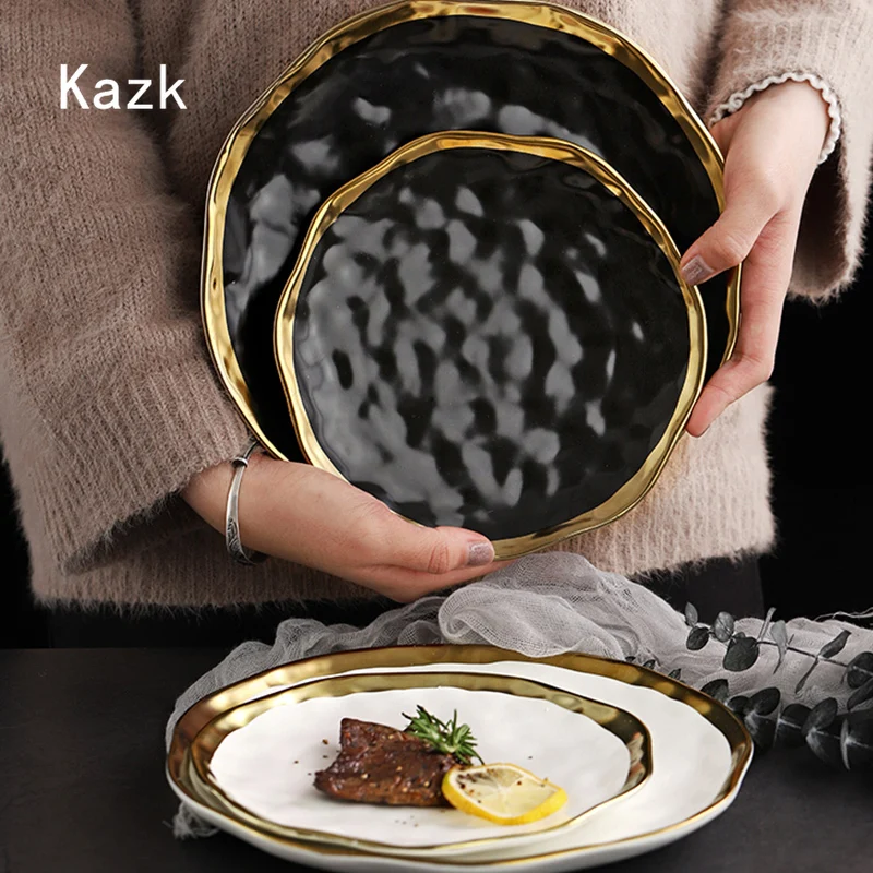 Light Luxury Golden Edge Ceramic Plate Personalized Dining Table Decor Steak Dinner Plates Sushi Dishes European Style Tableware