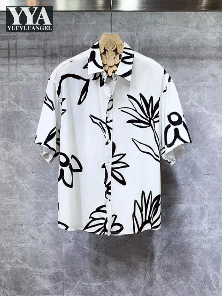 

Fashion Summer Mens Short Sleeve Flower Print Shirt Single Button Casual Tops Loose FIt Cotton Linen Hawaii Harajuku Shirt Male