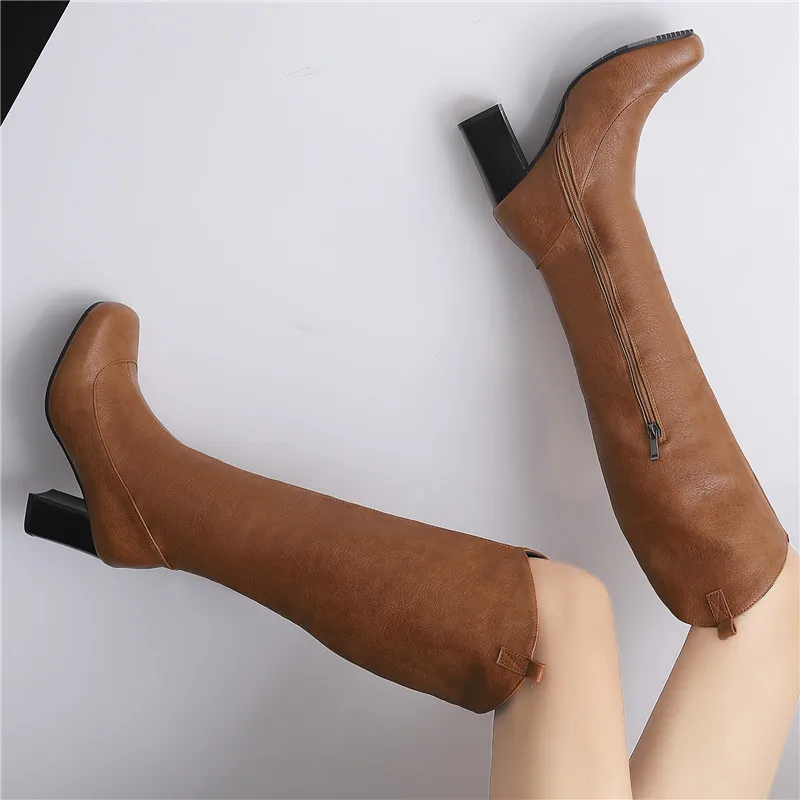 

Женские сапоги до колена, из искусственной кожи, на Высоком толстом каблуке, на молнии, Размеры 33-50