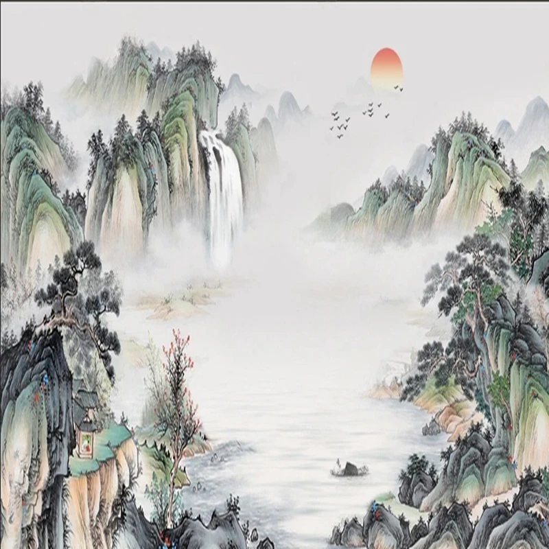 Pegatinas de pared New Sunset over mountain and waters mink-wash landscape wallpaper painting art design Interior decoration