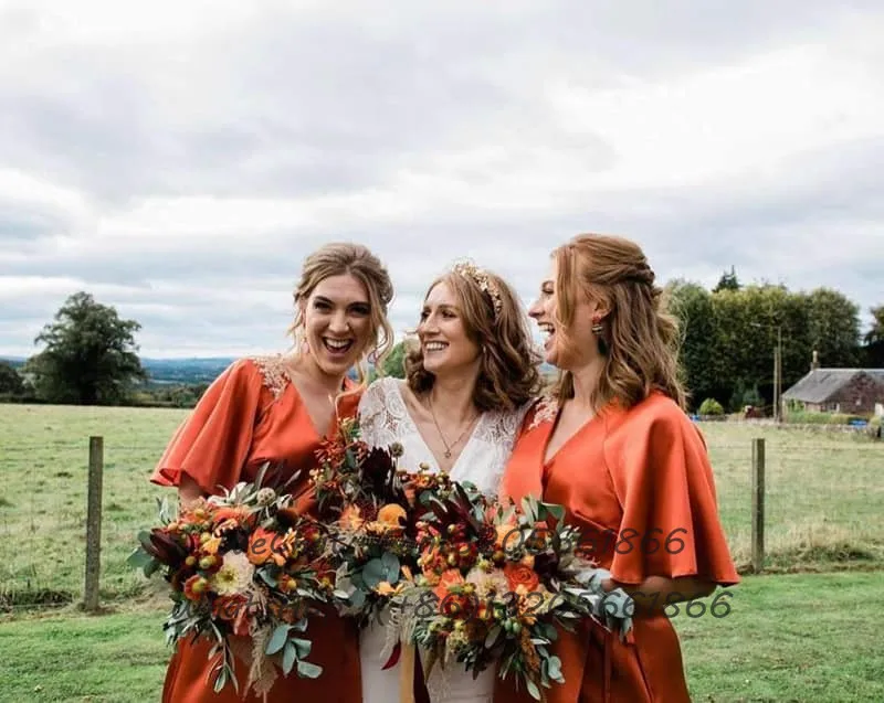 Vestidos de dama de honra laranjas para mulheres, manga curta, decote em v, vestidos de noite encantadores, festa do convidado do casamento