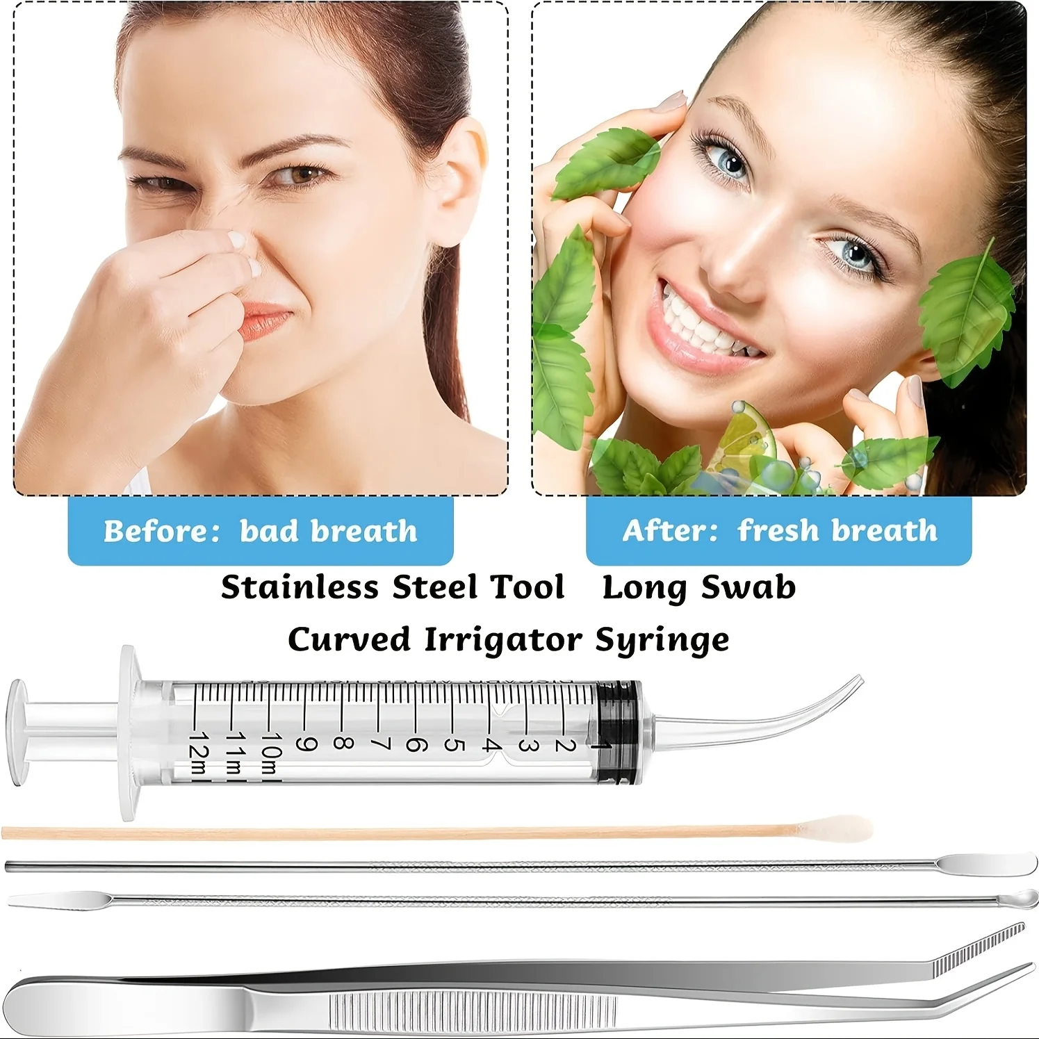Tonsil Stone Removal Set Includes 2 Stainless Steel Tonsil Stone Removal Tools, 1 Stainless Steel Elbow Tweezers and 25 Long Swa