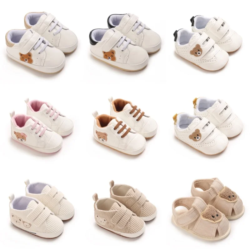 Baby Boys Girls Bear Embroidered Sneakers, Infant Pre-Walker Shoes Soft Sole Breathable Casual Baby Footwear0-18M