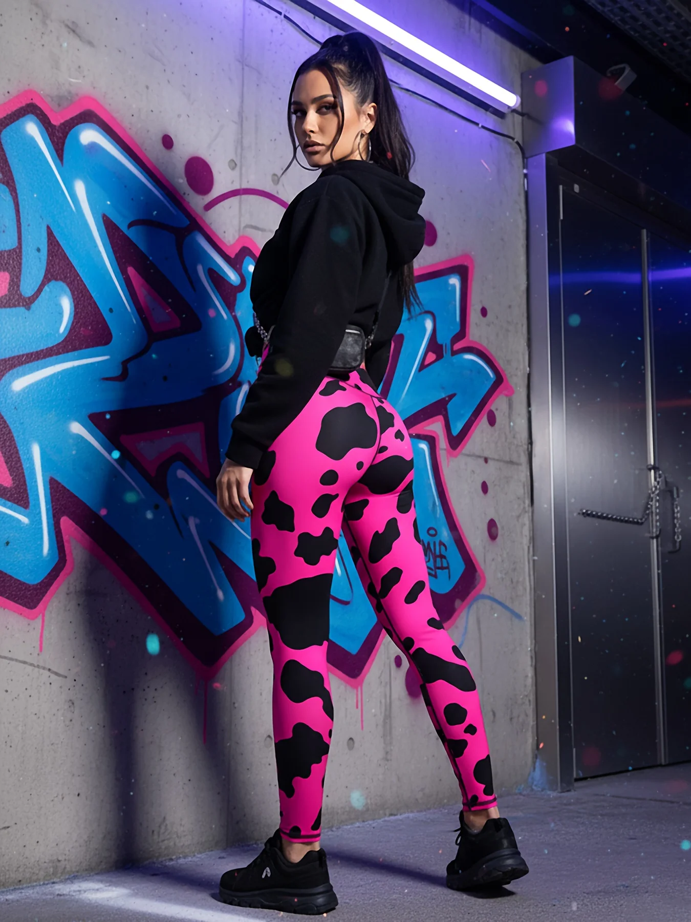 Women Bright Pink Cow Print Fleece Lined Leggings Mid Waist Stretch Fitness Yoga Sports Pants