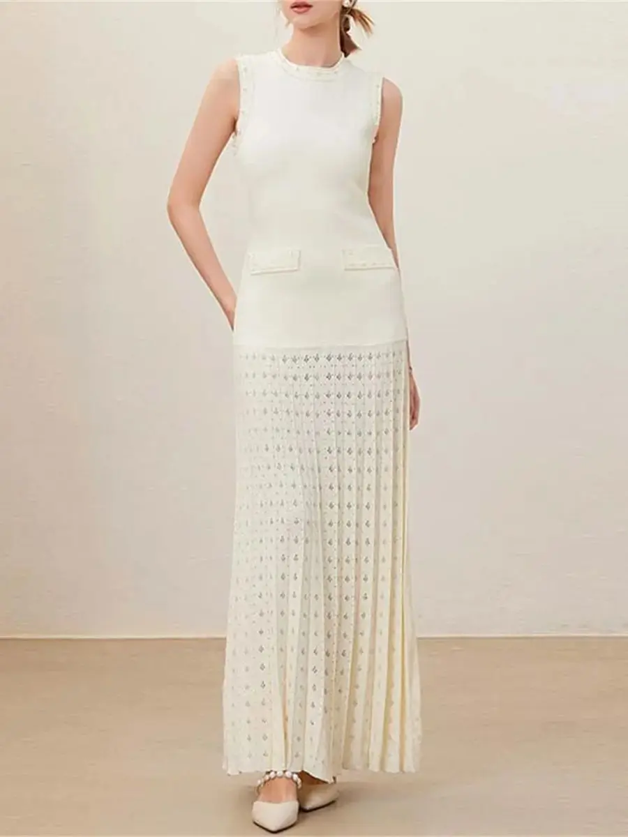 

Summer New Elegant Solid Beaded Sleeveless Knitted Midi Dresses Women's O-neck Hollow out Slim Temperament Party Dress