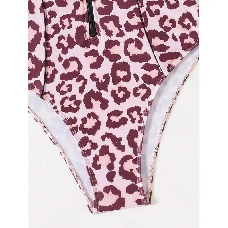 JEWELRY SEN Women Long‑Sleeve One‑Piece Swimsuit Leopard Print Front Zip Rash Guard Surfing Bathing Suit