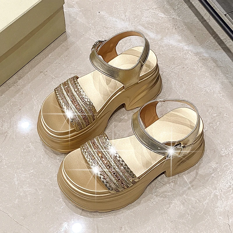 

Women's Gold Sliver Platform Wedge Sandals Thick Heeled Open Toe Ladies Shoes Outdoor Lightweight Non-Slip Slides Sandals