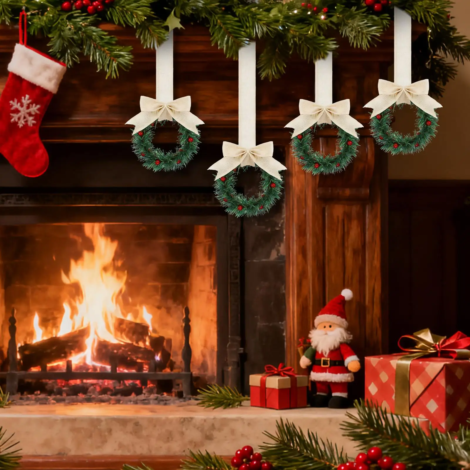 

Рождественский венок на открытом воздухе, 4 предмета, вешалка, украшения, рождественский красный ягодный бант, елочные украшения для внутренней и уличной домашней кухни