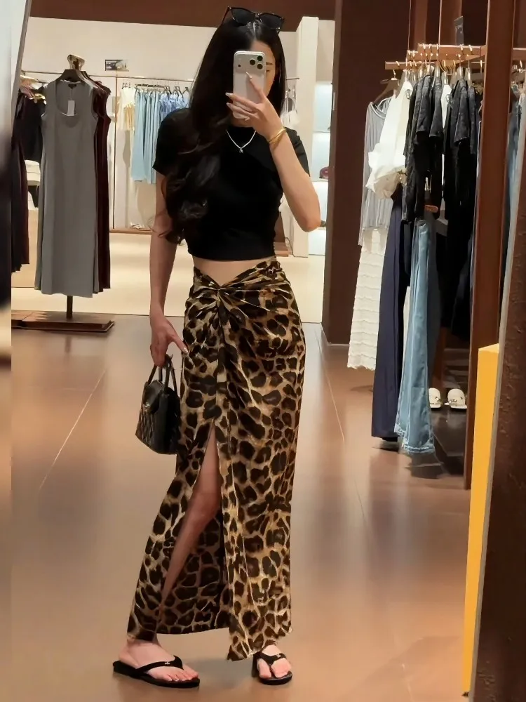 Elegant Ladies Summer Slim Fit Leopard Print A Line Mid Knee Length Skirt Women Office Work High Waist Slit Irregular Long Skirt