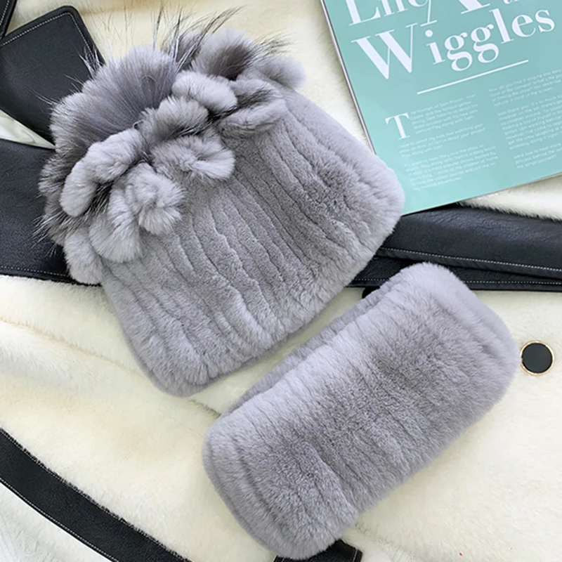 2024 New Winter women Warm Real Rex Rabbit Fur Hat With Natural Rex Rabbit Fur Scarf 2 Pieces Sets Fashion Headgear And Muffler