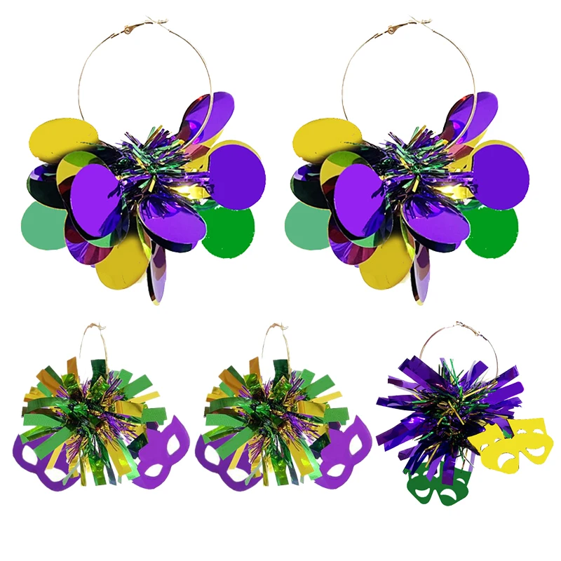 Exaggerated Carnival Atmosphere Glitter Big Hoop Earrings Carnival Party Atmosphere Green Purple Gold Theme Ball Mask Earrings