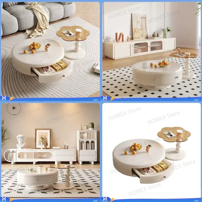 Modern Cream Round Coffee Table Small Side Table Movable Space Saving End Table for Living Room Bedroom Home Furniture Decor