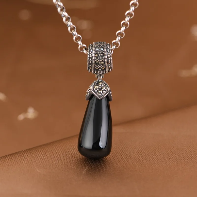 

Thai Silver Black Agate Water Drop Pendants for Women 925 Sterling Silver Marcasite Necklaces Ethnic Vintage Jewelry NO Chains