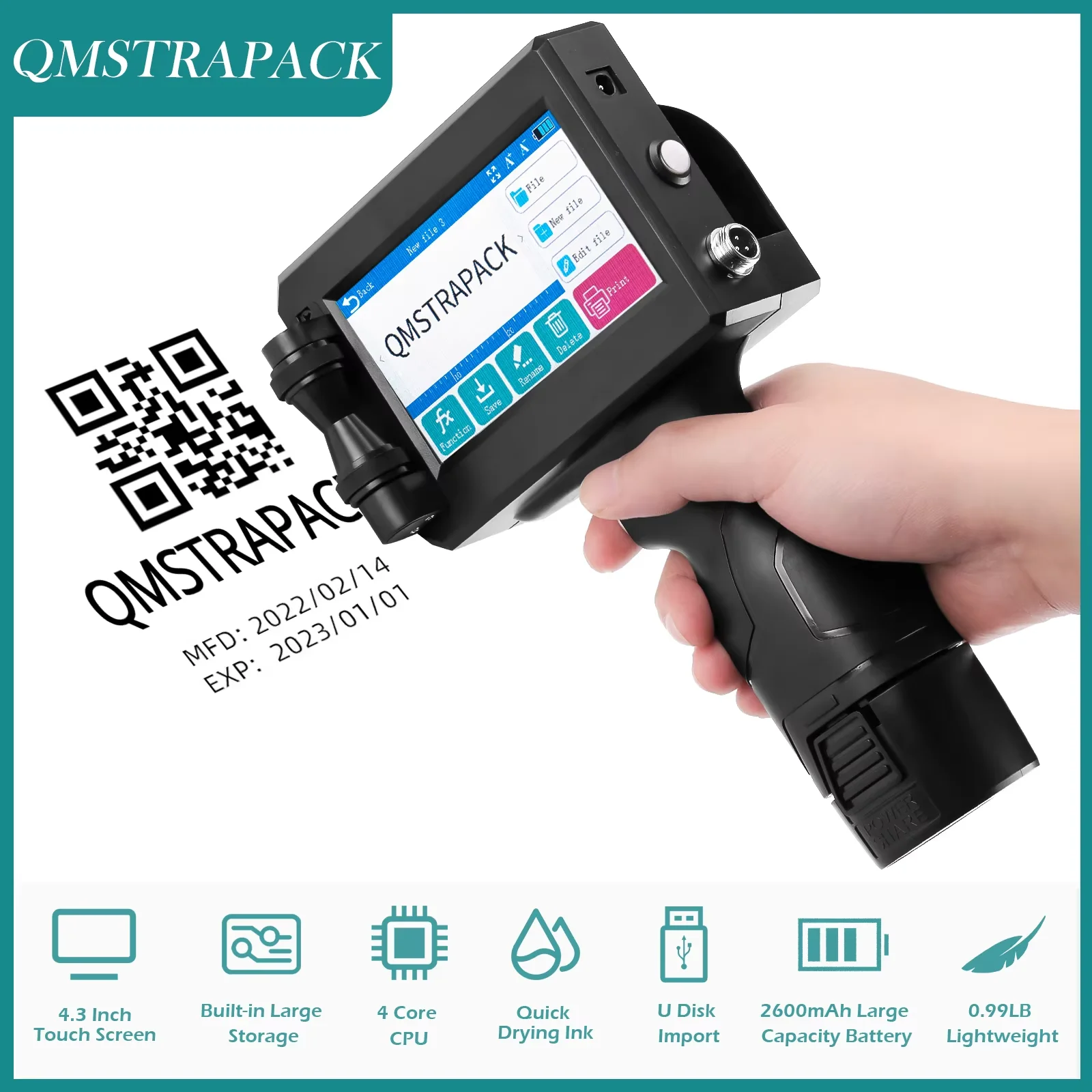 Handheld Inkjet Printer Gun 12.7mm Fast-Drying Ink for Text QR Barcode Batch Number Logo Date Label Printing Non-Encrypted
