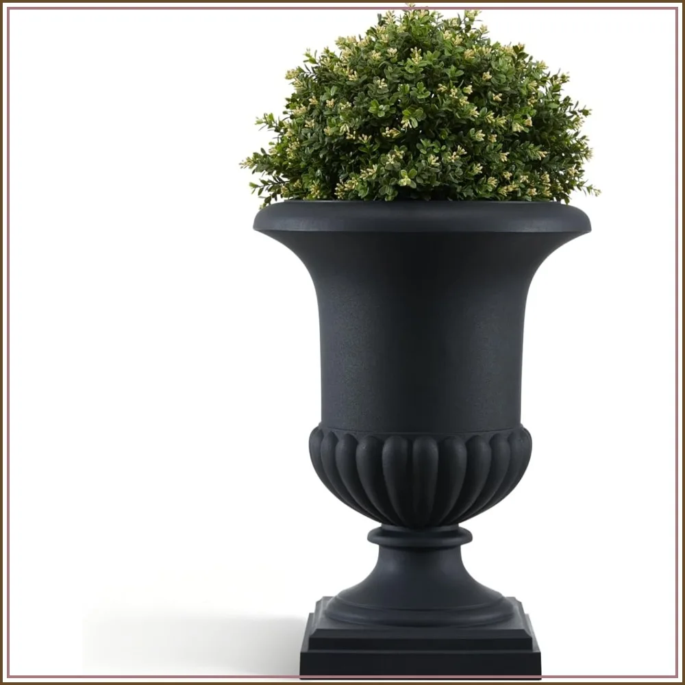 24.4" Roman Urn Planter Matte Black Lightweight Plastic Flower Pot Drainage