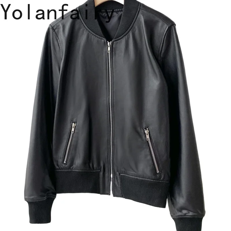 

YOLANFAIRY Leather Jackets Women Genuine Sheepskin New in Coat Autumn Winter Short Baseball Uniform Fashion Motorcycle Jacket