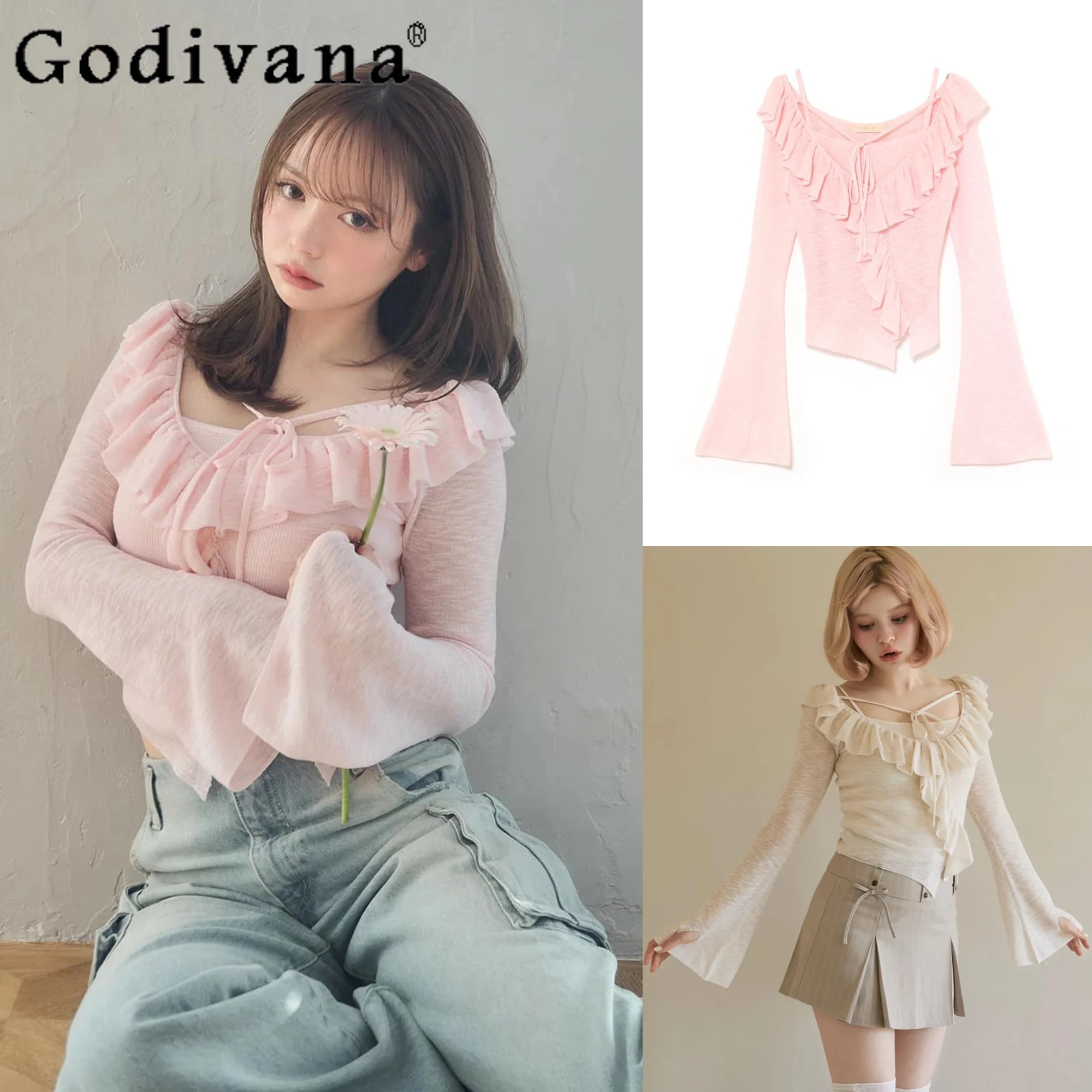 

2025 Japanese New Sweet Ruffle Edge Lace-up Long-sleeved Knit Cardigan Vest 2 Piece Set Female Slim Sweet Basic Daily Clothes