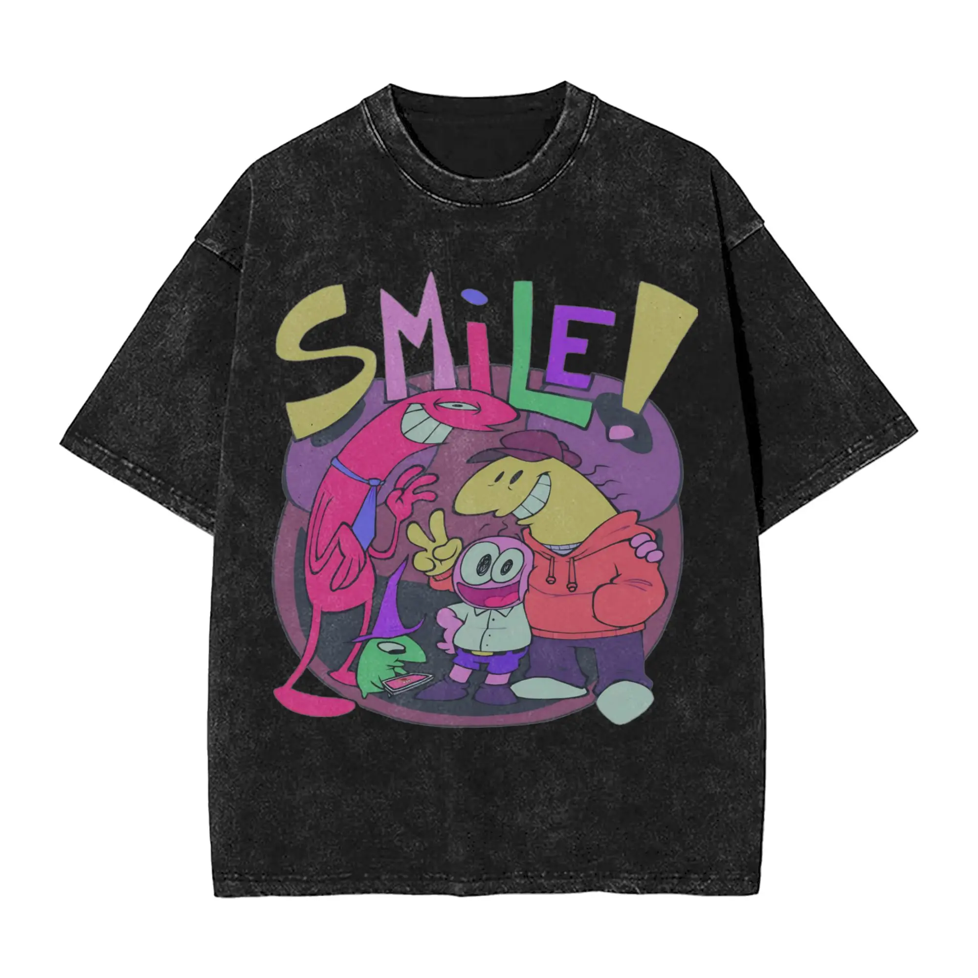 Smiling Friends Washed T Shirts Streetwear T-Shirts Charlie Pim Allan Glep Smile Tees for Men Women Short Sleeve High Street