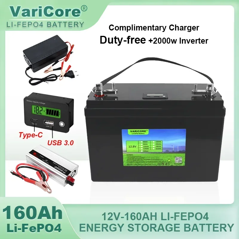 VariCore 12V/12.8v 120ah 180ah LiFePO4 Battery 14.6v Outdoors Touring Car Multifunctional USB Type-C Output for Travel Golf cart