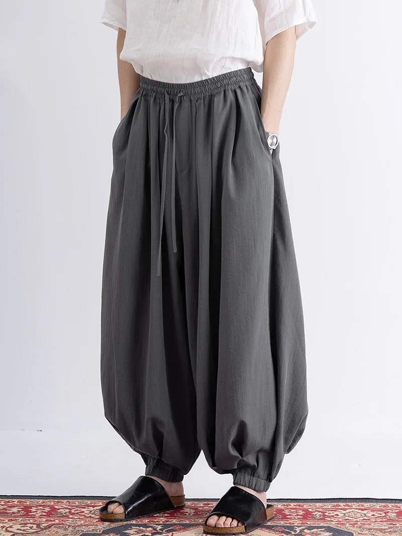 2025 Summer New Chinese Style Casual Cropped Cuffed Hanfu Pants for Men - Ice Silk Thin Fabric Loose Wide-Leg Fit Plus Size