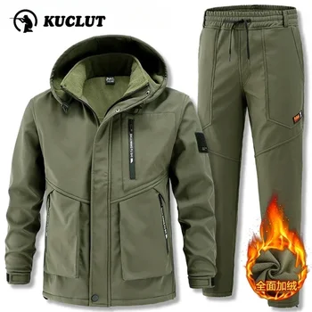 Mens Winterขนแกะแจ็คเก็ตยุทธวิธีชุดกันน้ําสวมใส่กลางแจ้งการฝึกอบรมชุดHooded Charge Jacket + กางเกงกํามะหยี่