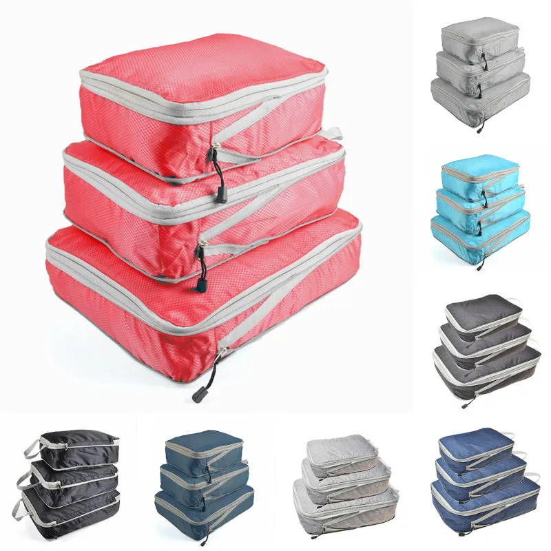 3-Piece Compressão Embalagem Cube Set, Compressível Saco De Armazenamento, Foldable Travel Bag, Bagagem Organizador