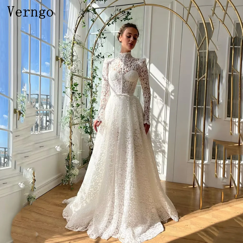 Verngo weiße Spitze Brautkleid hohen Hals in voller Länge eine Linie Brautkleider Frauen elegante Abschluss ball boden lange Brautkleider