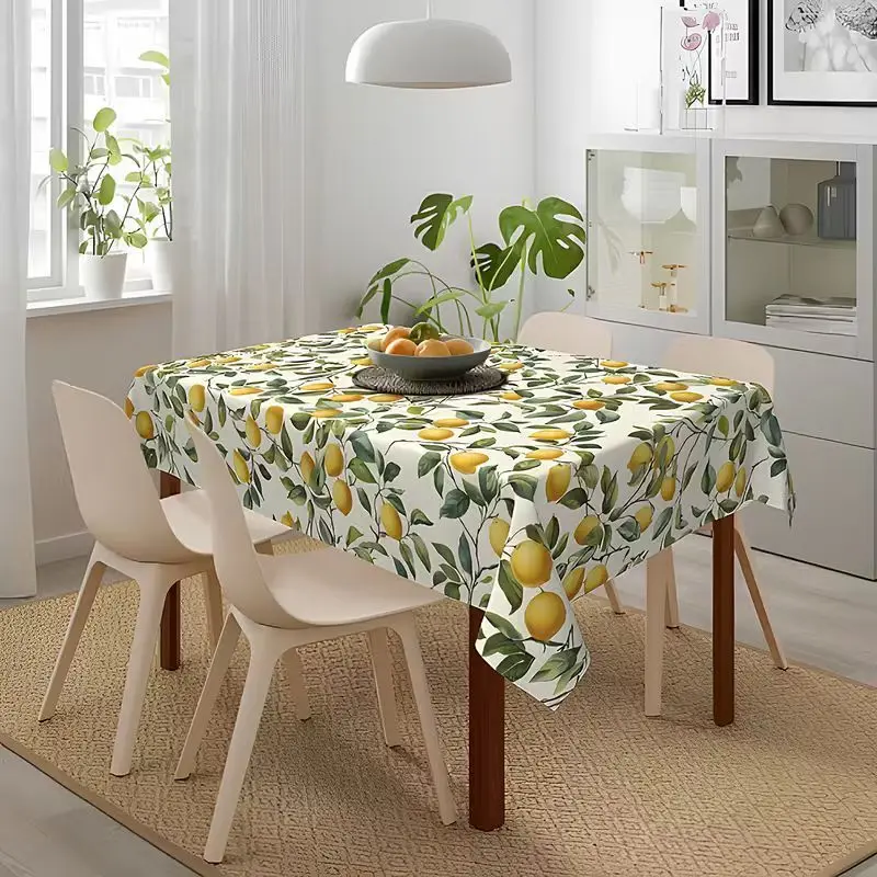 Single Piece Packaging, 2D Flat Printing, Lemon Leaf Pattern Tablecloth, Fresh Pastoral Style, Durable Polyester Material Suitable for Rectangular, Round, And Oval Tables, Ideal for Home Kitchens, Dining Rooms, Patios, Picnics, Courtyards