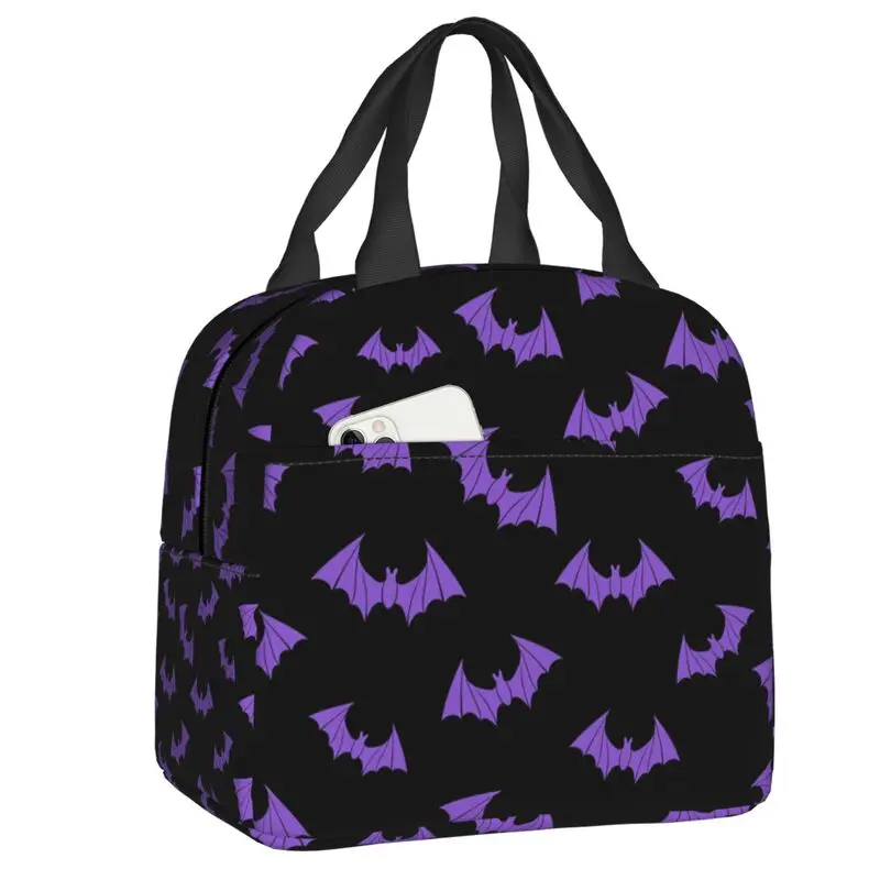 

Custom Spooky Purple Bats Lunch Bag Thermal Cooler Insulated Lunch Box For Women Kids Work School Beach Camping Food Tote Bags