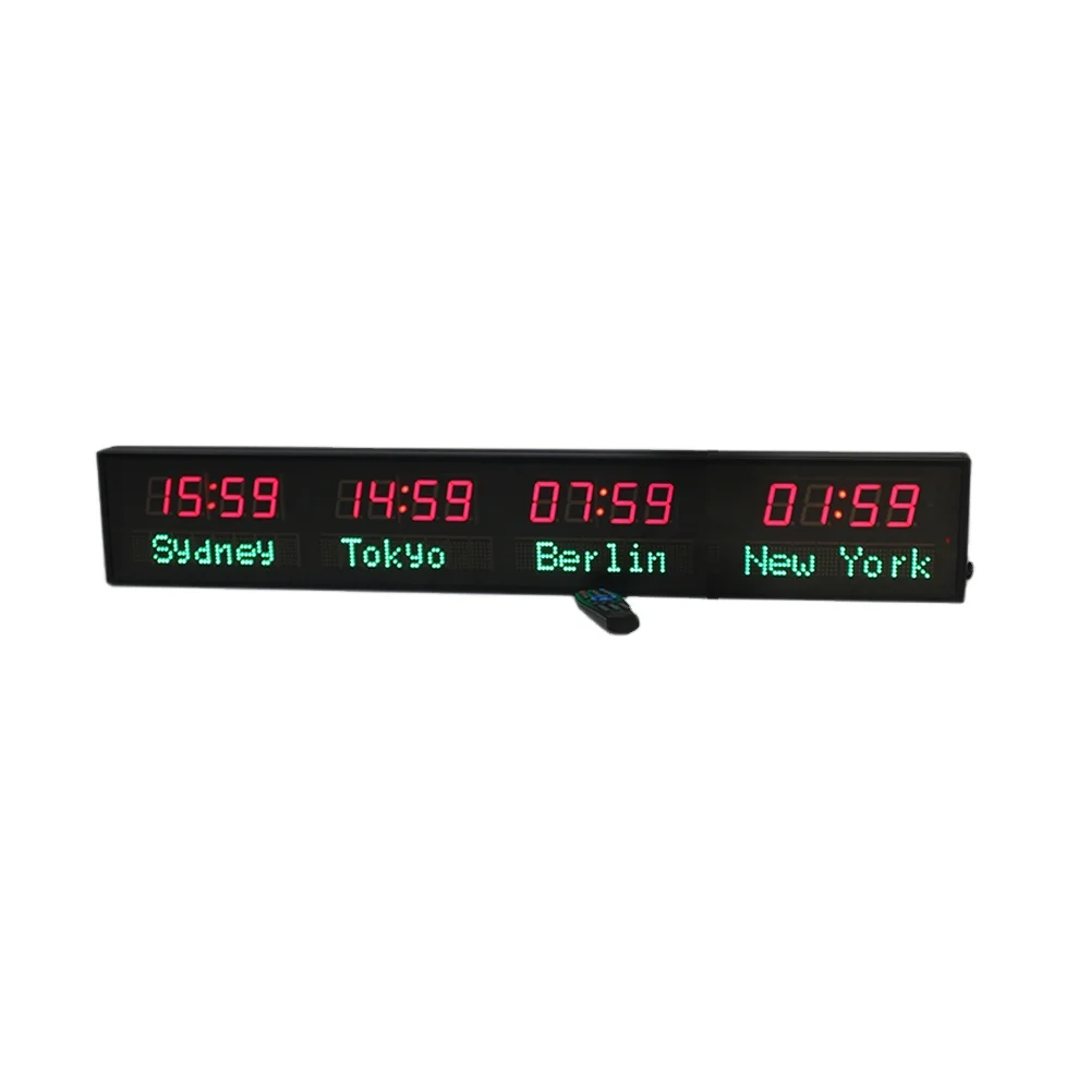 Wall Mounted Digital LED 4 Time Zone World Clock Resin Body Electric Operation Industrial Silent Operation