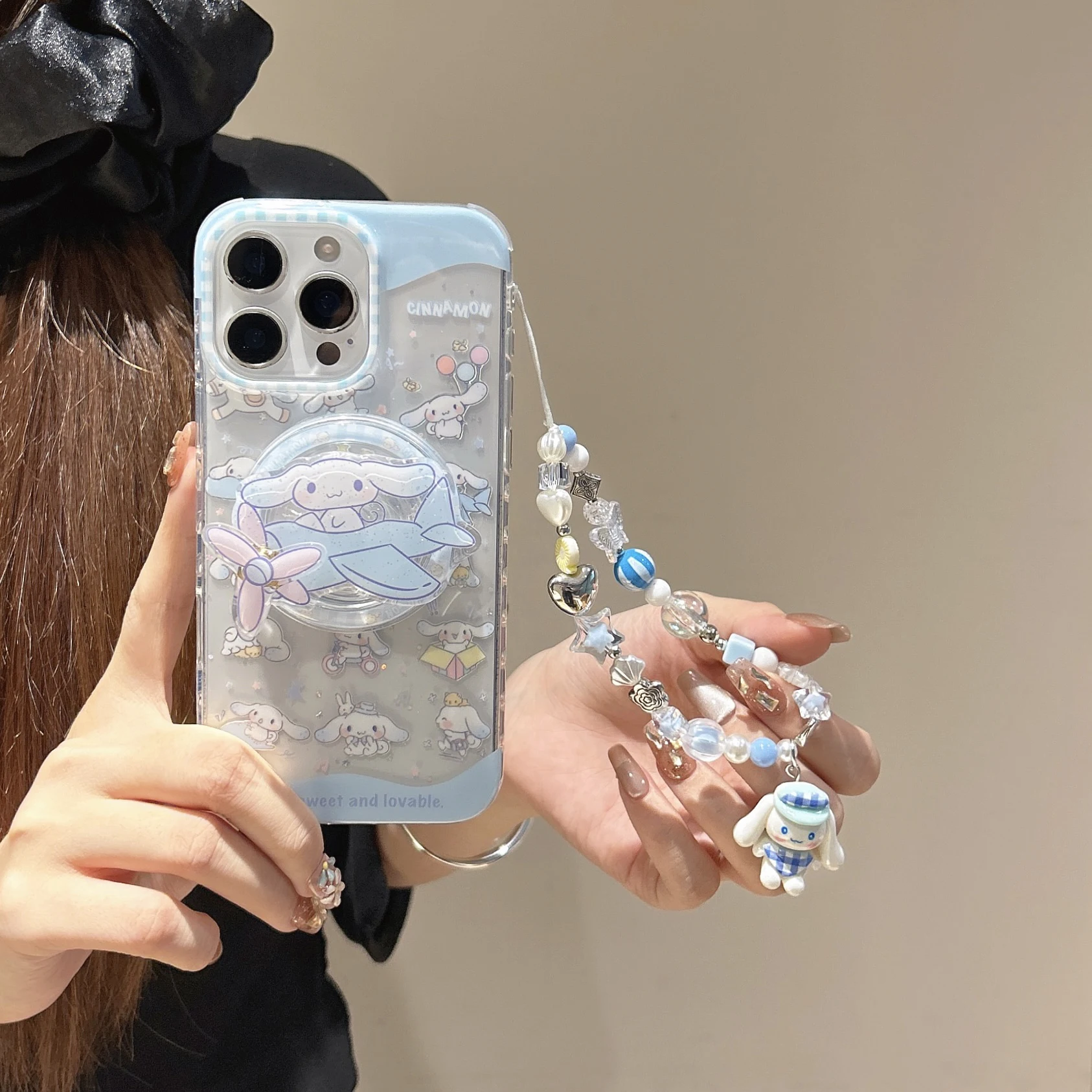 

Sky Blue Clean Simple Style Full Screen Shining Sanrio For Cinnamoroll Kawaii Shell Bracket Lanyard For iPhone16 13 14 15 ProMax