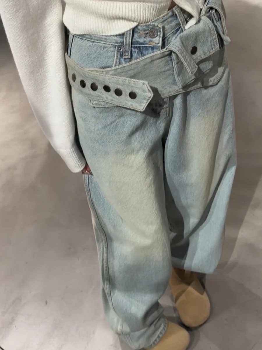 

plus Size American Retro Washed Blue Straight Leg Jeans Women's Spring Autumn Loose Slim Lazy Wide Leg Pants High Waist