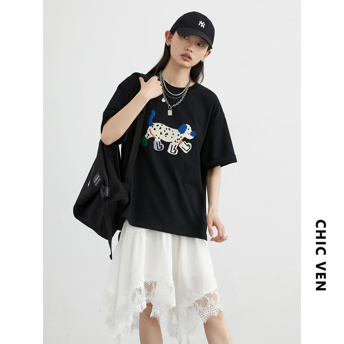 Schicke ven Frauen T-Shirts lose Streetwear Unisex Spaß Hund bestickt Kurzarm Baumwolle Mädchen T-Shirts weiblich Top Sommer