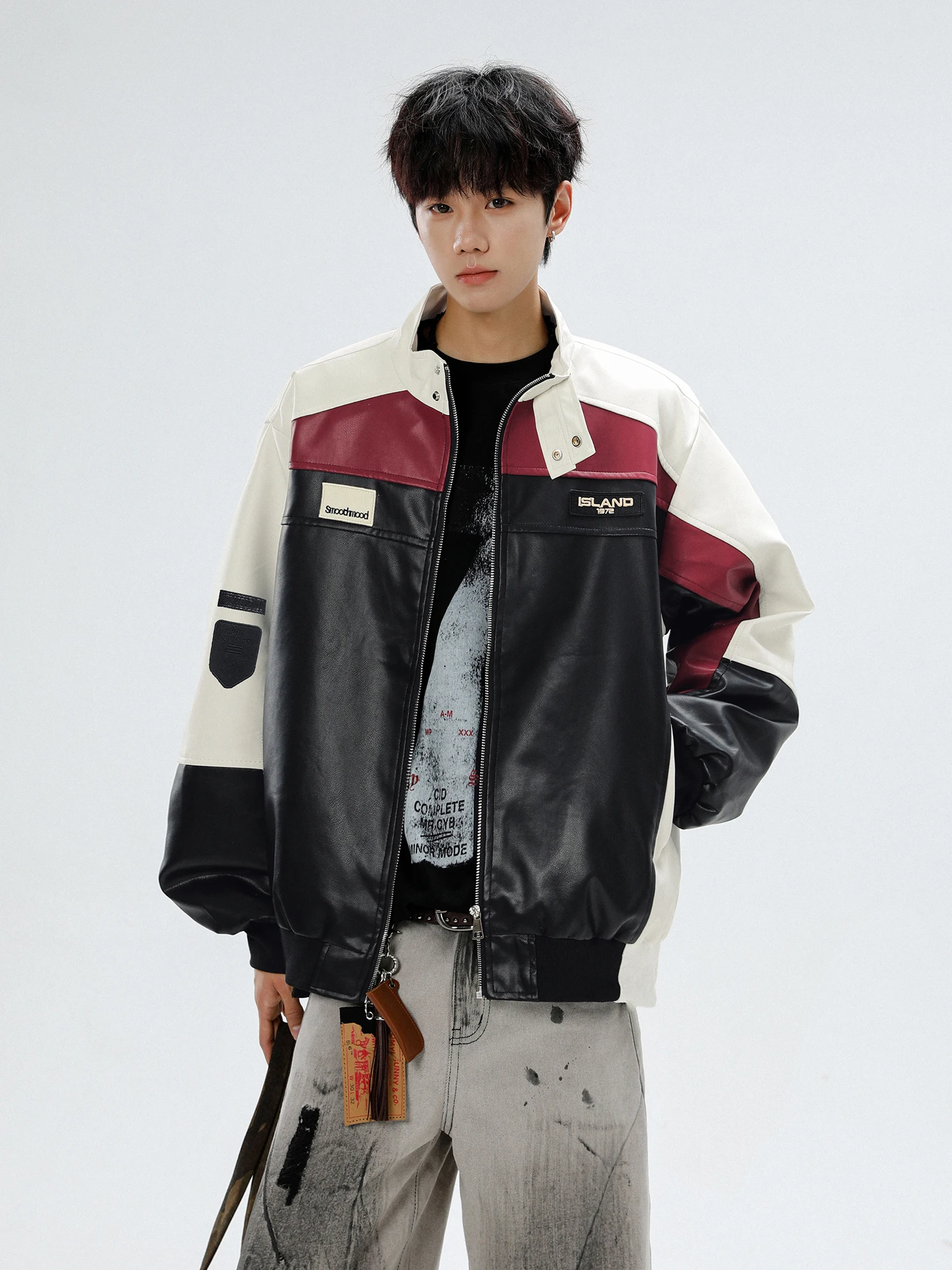 

American Retro Racing Jaet Men's Spring Autumn ort Splice Color Design Pilot Stand Collar Jaet Polyester Blend Long Sve