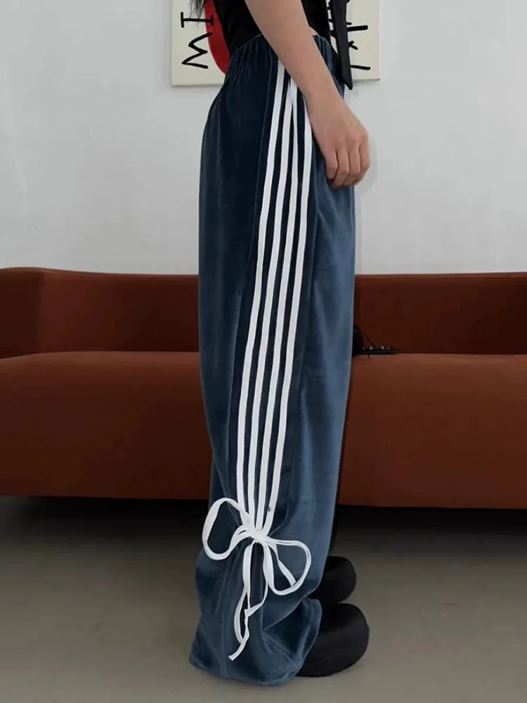 Pantaloni a gamba larga con nodo a cintura in tessuto di velluto a vita alta Pantaloni lunghi Pantaloni casual da donna drappeggiati e vestibilità comoda