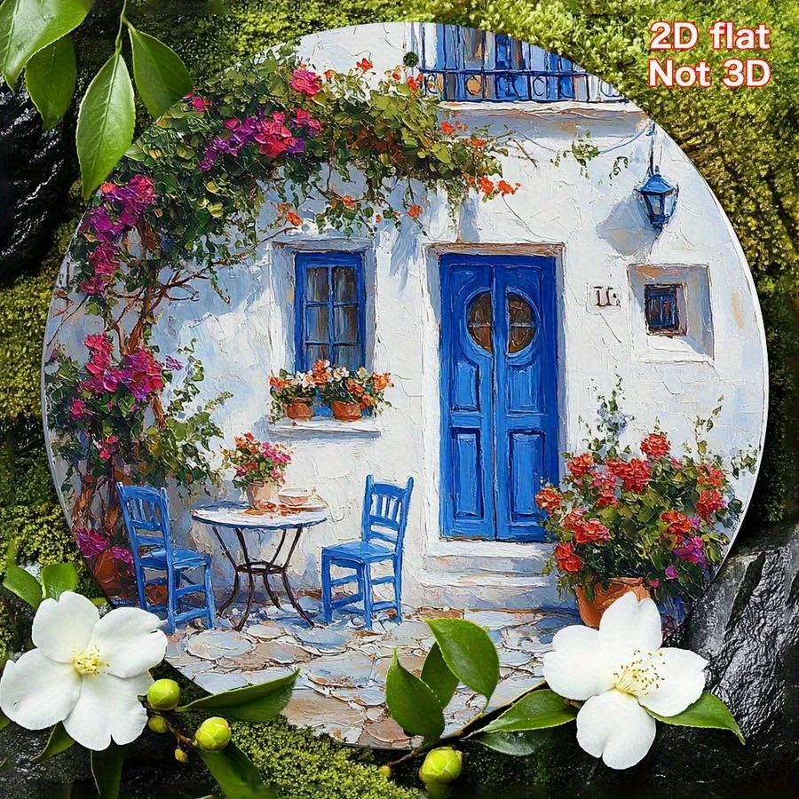 2D Flat, 1pc Greek Aegean Sea Wall Panel - Mediterranean Blue Door & Greek Key Floral Panel Suitable for Kitchen, Living Room, O