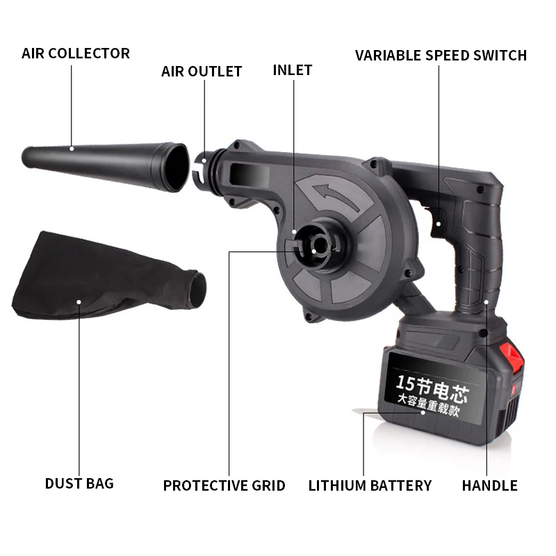 2 In 1 Wireless Air Blower Vacuum Cleannig Cordless Air Blowing Gun Strong Suction Dust Collector For Home Car 21V Battery