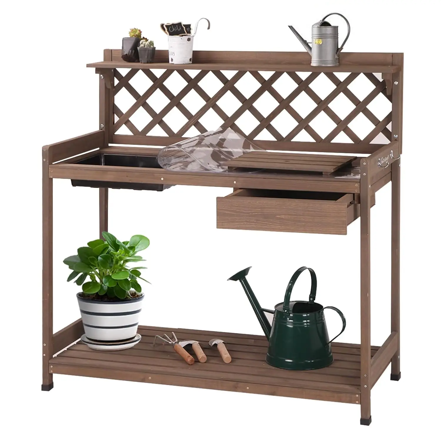 

Potting Bench Outdoor with PVC Layer Wooden Planting Table with Sink & Lid Gardening Work Bench with Drawer, Shelf, Hook