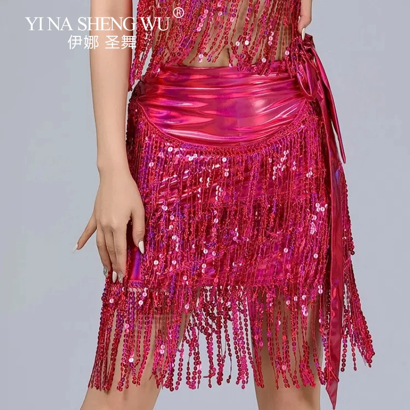 Nowa Seksowna Damska Chusta na Biodra do Tańca Brzucha Spódnica do Tańca Latynoamerykańskiego Skórzana Cekinowa Spódnica z Frędzlami Łańcuszek na Pas Trening Tańca Występ Spódnica do Tańca