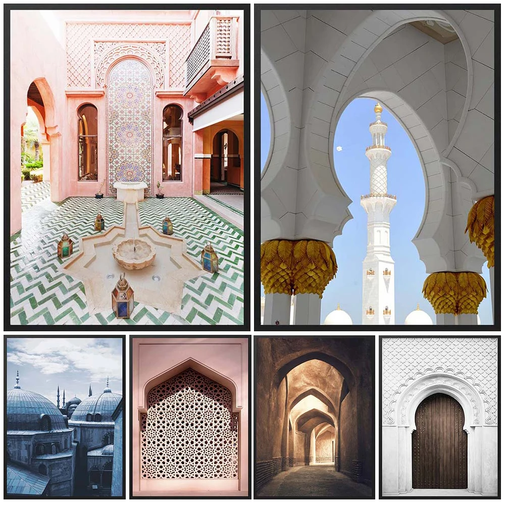 Grand Mosque Posters Tunnel Morocco Hallway Marrakech Arches Wall Art Canvas Painting Wall Pictures For Living Room Unframed