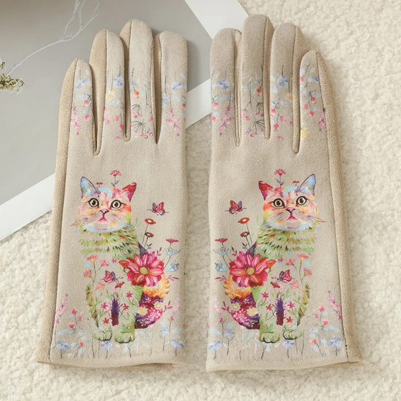 Cartoon Printing Cute Cat Dog Oil Painting Suede Gloves Women Winter Thickened Warm Touchscreen Gloves Student Girl Prevent Cold