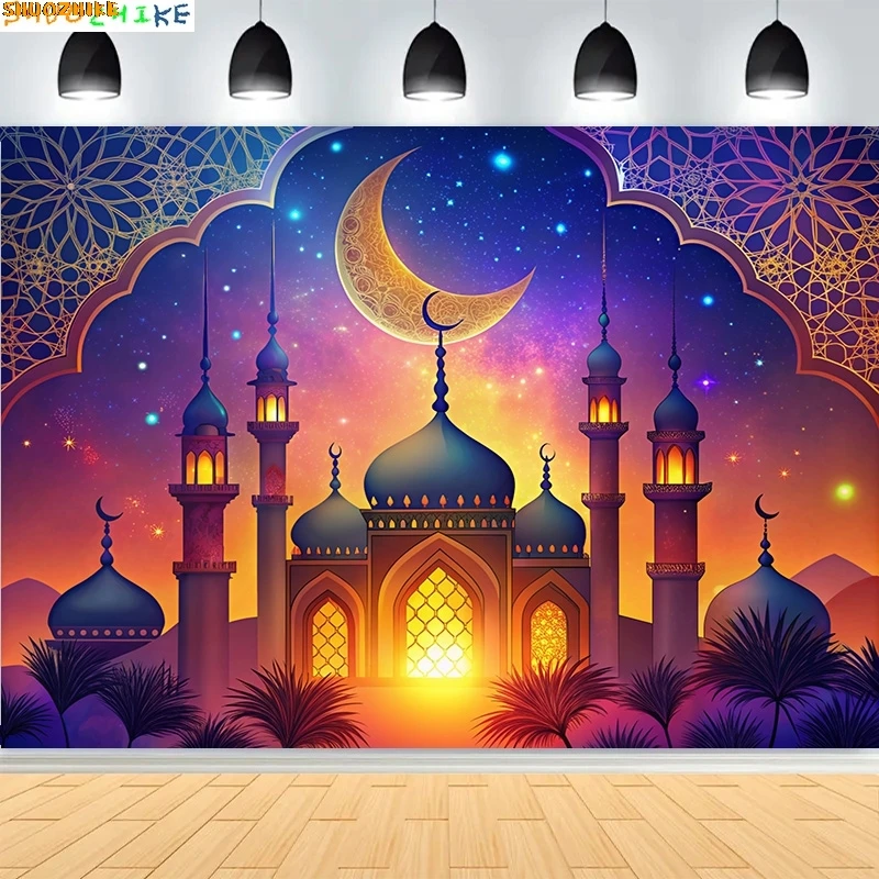 

Ramadan Eid Kareem Mubarak Islamic New Year Moon Lanterns Background Arabic Palace Candles Mosque Photography Backdrops EI-08